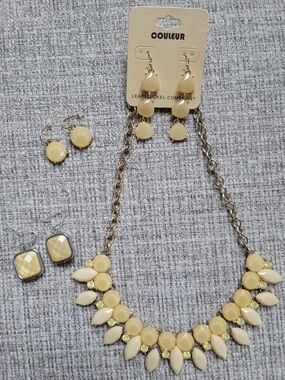 Cream & Bronze/ Gold Tone Statement Necklace with Matching Earrings - 2pr- TAKIN